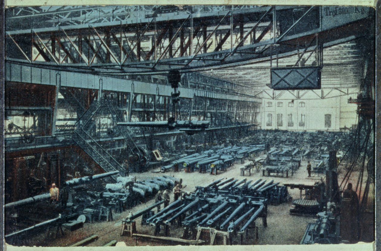 Az esseni Krupp-gyárat ábrázoló képeslap, 1914 körül alkotó: German School