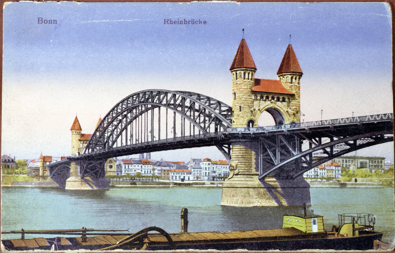 Képeslap, amely a Rajna folyó hídját ábrázolja Bonnban, 1900 körül (színes fotó) alkotó: German School