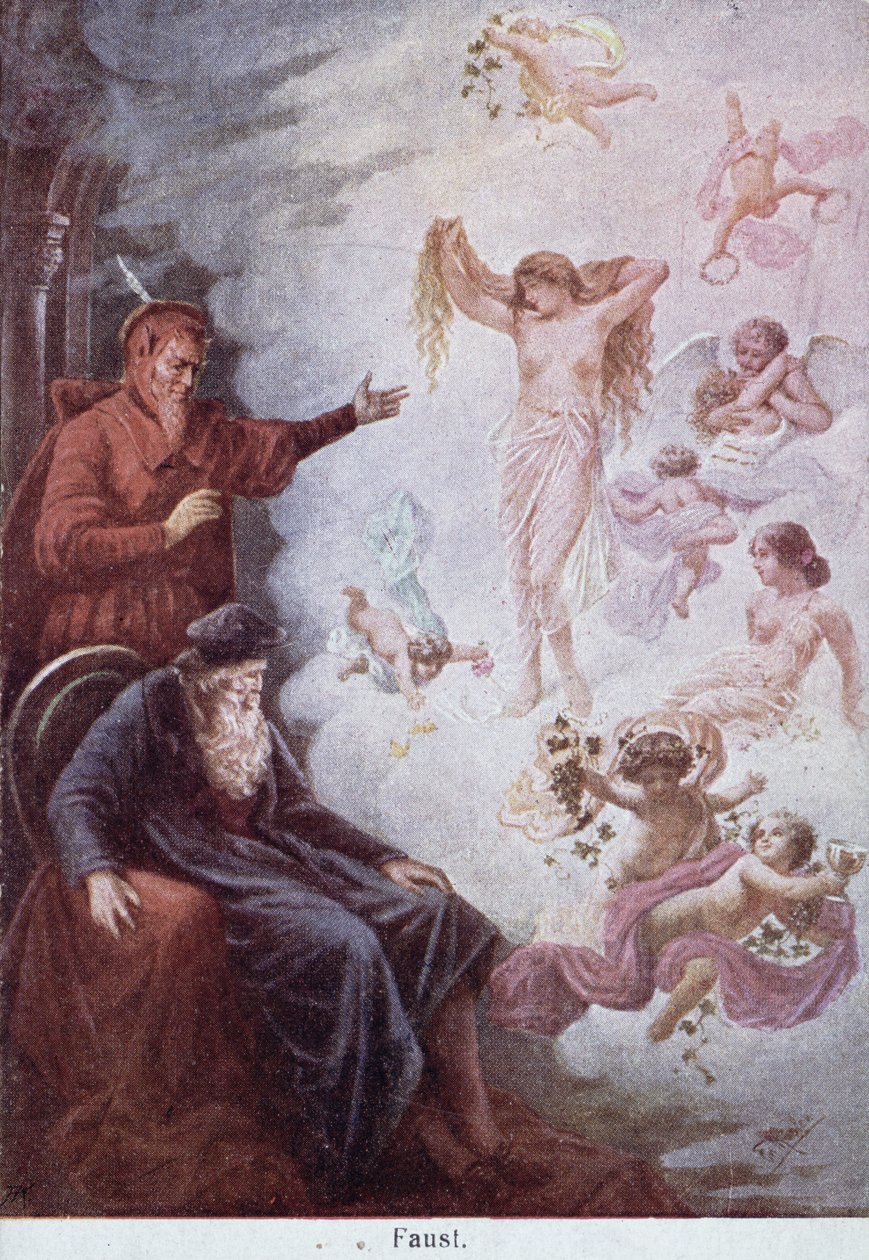 Faust megkísértését ábrázoló képeslap Mefisztótól, 1905 körül alkotó: German School