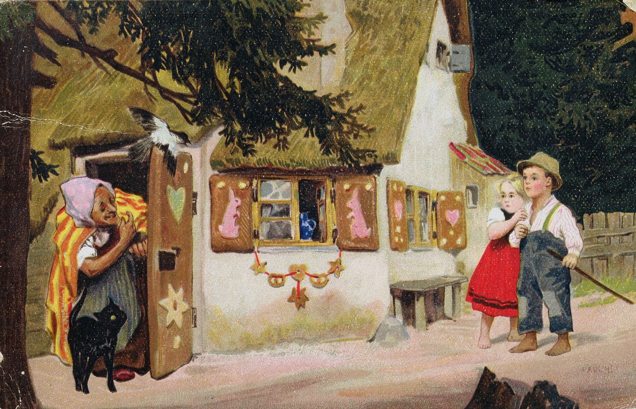 Képeslap, amely a boszorkányt ábrázolja, aki Hanselt és Gretelt meghívja a mézeskalácsházba, 1910 körül alkotó: German School