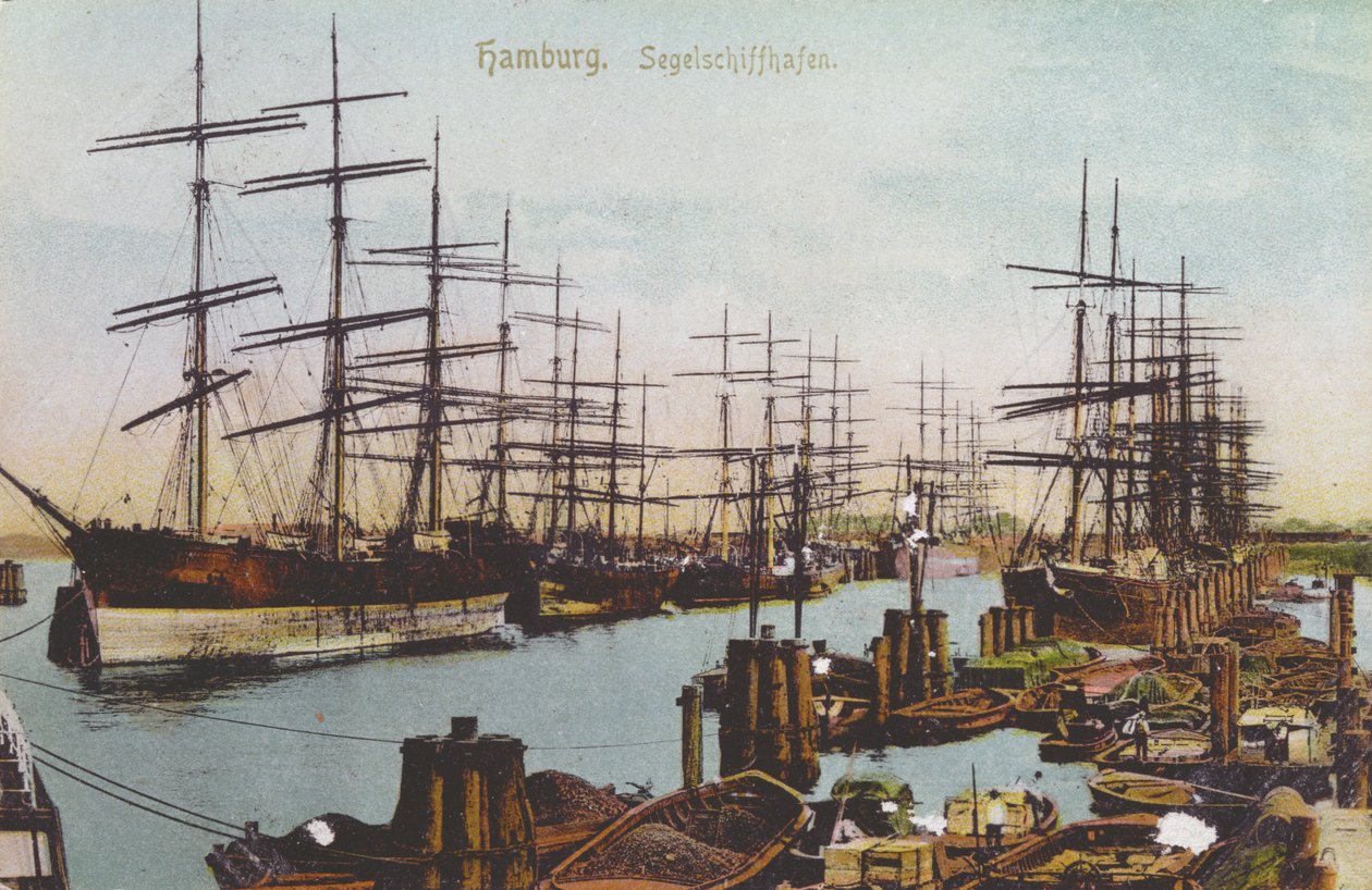 Képeslap a hamburgi vitorlás kikötőjéről, 1900 körül (színes fotó) alkotó: German School