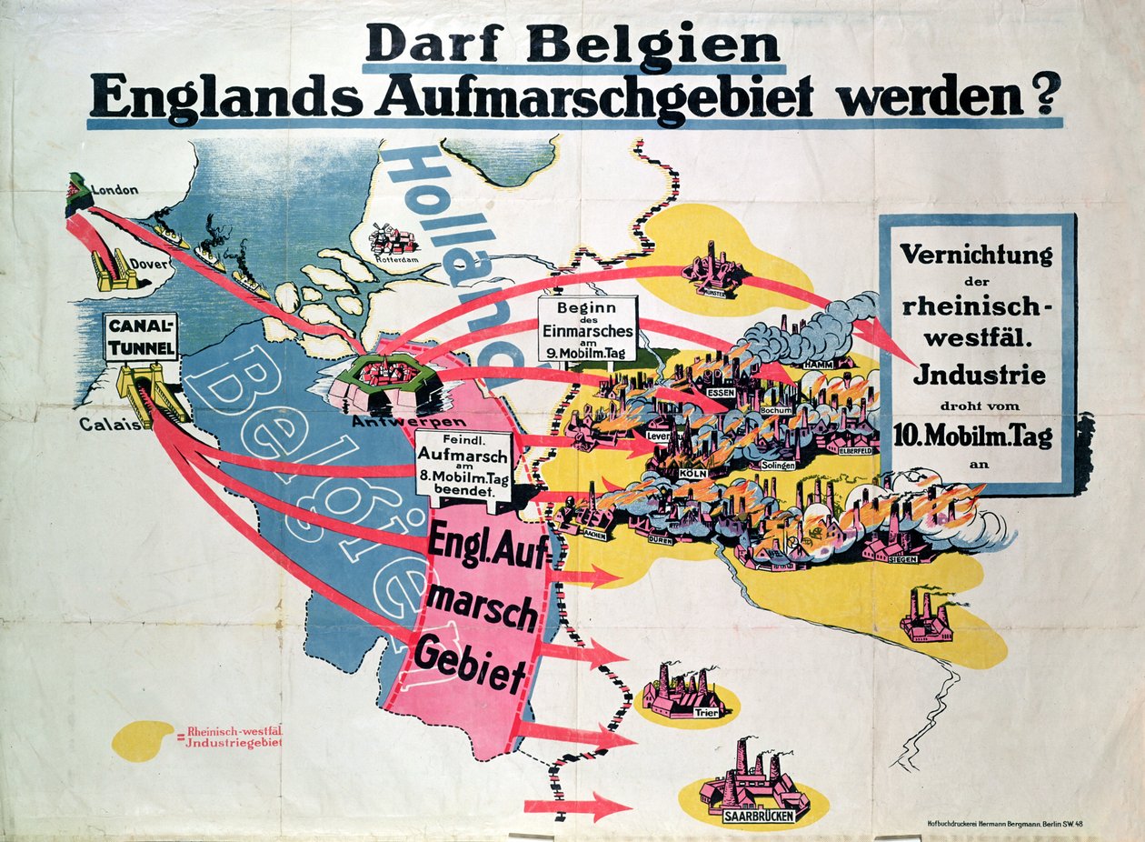 Plakát, amely kifejezi a németek aggodalmát a Belgiumot és Angliát összekötő Csatorna-alagút tervezett építése miatt, 1914–1918 alkotó: German School