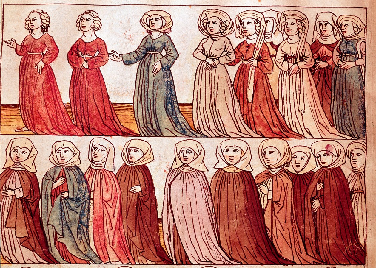 Bohém női körmenet. Miniatűr a „Konstanzi zsinat krónikájából”, Ulrich Richental (1360-1437) 1438 körülbelül Prága, Nemzeti Könyvtár alkotó: German School