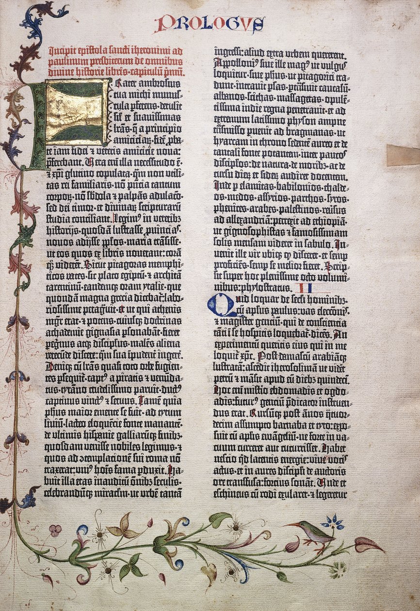 Prológ fólió arany és zöld "F" betűvel, levelek, virágok, szőlő és madár szegéllyel, 1455 alkotó: German School