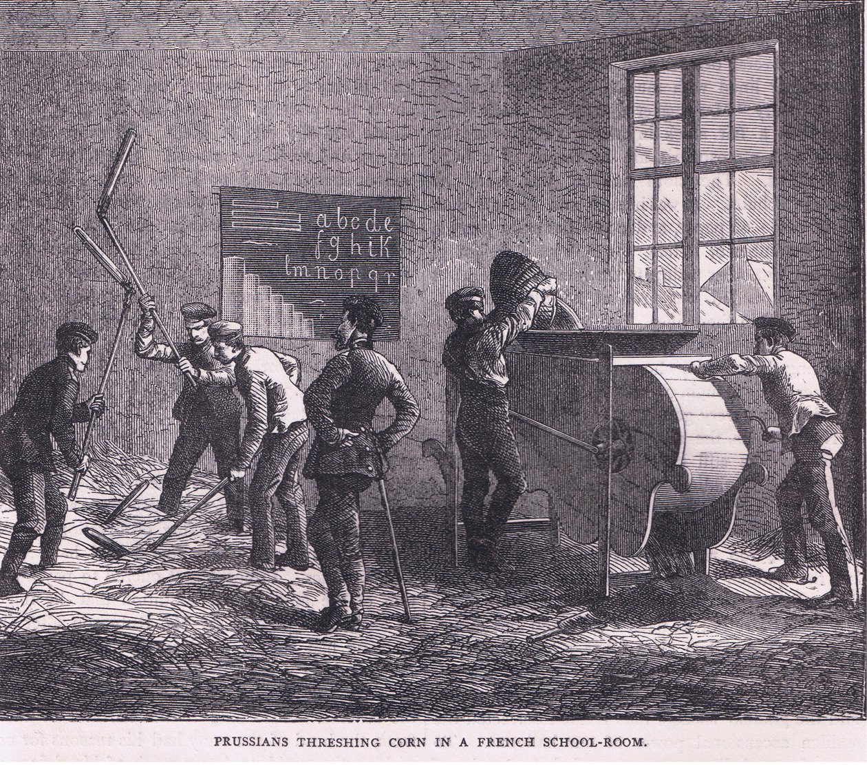 Poroszok kukoricát csépelnek egy francia iskolai szobában, Cassells History of the War Franciaország és Németország között, kiadó: Cassell and Company Limited, 1890 körül (litho) alkotó: German School