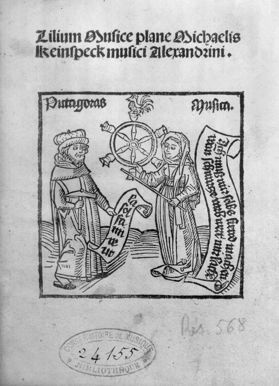 Pythagoras (i. e. 580-500) és Zene, címlap a Lilium Musicae-ből, Michael Keinspeck, Augsburg, 1500-ban megjelent alkotó: German School