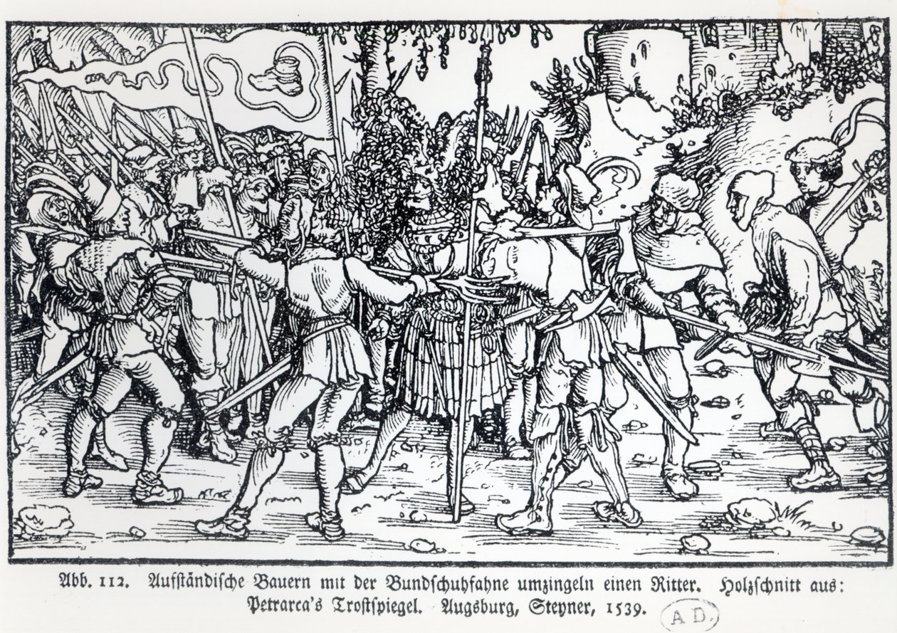 Lázadó parasztok vesznek körül egy lovagot, Petrarch Trostspiegel című könyvének illusztrációja alapján, 1539 alkotó: German School