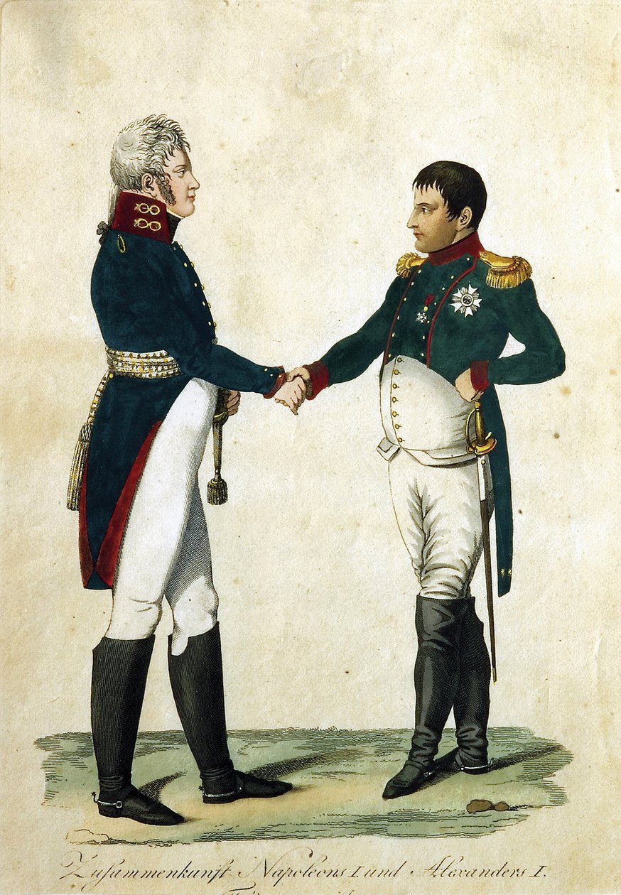 Napóleon (1769-1821) és I. Sándor cár (1777-1825) találkozása. (Napóleon és I. Sándor találkozása). Névtelen munka, metszet és akvarell alkotó: German School