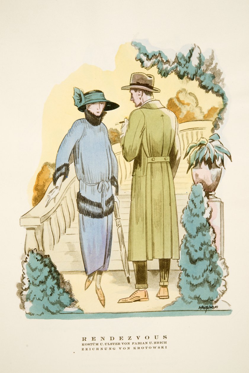Rendezvous, ruha és "Ulster" felöltő, Fabian & Hrich, Styl, Pub.1922 (pochoir print) alkotó: German School