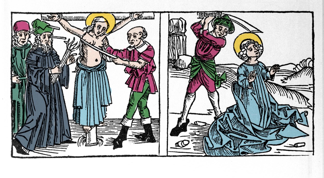 2. századi keresztény Szent Szerafia (Serapia) (Szíriai Szerafia) vértanúságának ábrázolása. A Voragine-i Jacobus (James) (1228-1298) metszete a „Leben der Heiligen - sommerteil”-ből (A szent könyve). Lübeck 1488. alkotó: German School