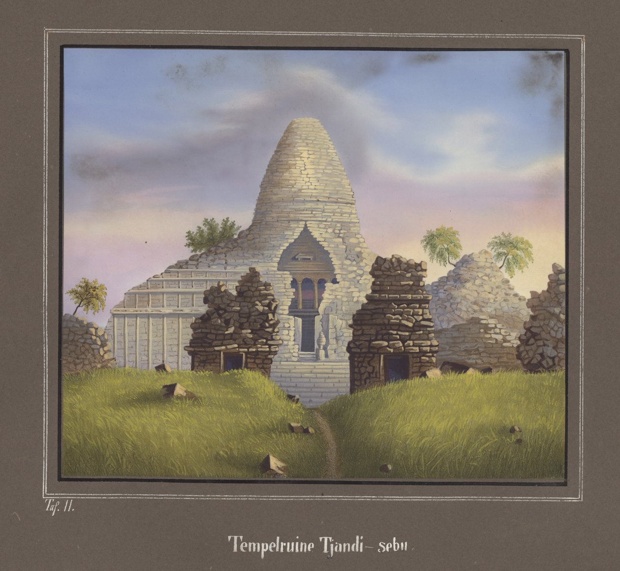 Tjandi-sebu templomrom, Pl.II a Topográfiai és Természettudományi Atlaszból az Utazás Jáván keresztül, szerző: Dr. Fr. Junghuhn, Magdeburg 1845 alkotó: German School