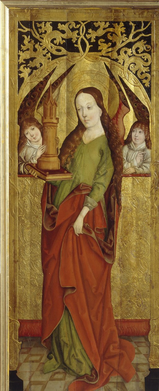 Sainte Barbe vagy Barbe a nagy vértanú (3. század). (Szent Borbála). Egy fennsíkon hordoz egy három ablakos tornyot. Egy vesztfáliai mester festménye (1470 és 1480 között tevékenykedett), olaj, fa, 1470-1480 körül. német művészet alkotó: German School