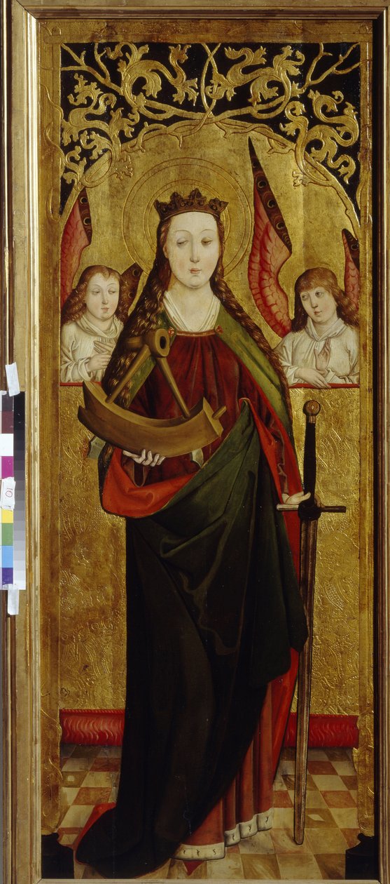 Alexandriai Szent Katalin (kb. 290-307) (Szent Katalin). Mártírhalálának kínkerekének egy darabját cipelve. Egy vesztfáliai mester festménye (1470 és 1480 között tevékenykedett), olaj, fa, 1470-1480 körül. német művészet alkotó: German School