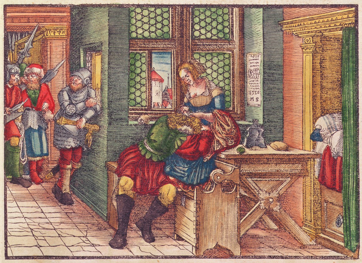 Sámson és Delila, a Luther-bibliából, 1530 körül (színes fametszet) alkotó: German School