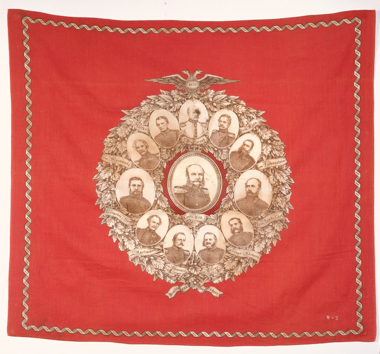 I. Vilmos német császárt (1797-1888) ábrázoló sál, Bismarck és győztes marsallok által körülvéve a francia-porosz háború ünneplésére, 1870 (selyem) alkotó: German School