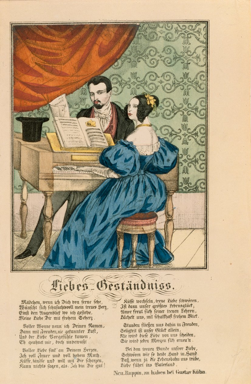 Jelenet egy pár zongoránál, alatta szerelmes verssel, Neuruppiner Bilderbogenből, 1850 alkotó: German School