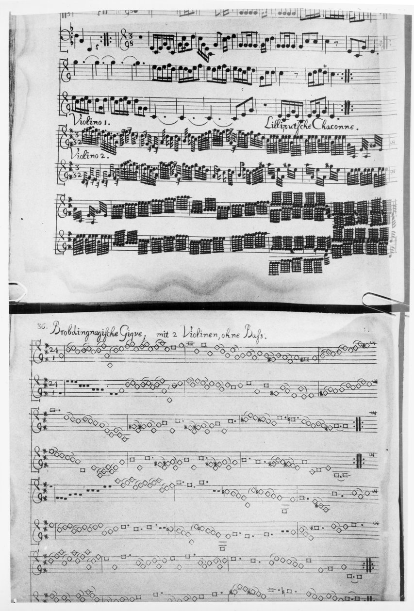 Telemann két hegedűre írt szvitjének, a „Gulliver szvitnek” a kotta, beleértve a „Lilliputiak chaconne-ját”, amelyet Hamburgban nyomtattak 1728-ban. alkotó: German School