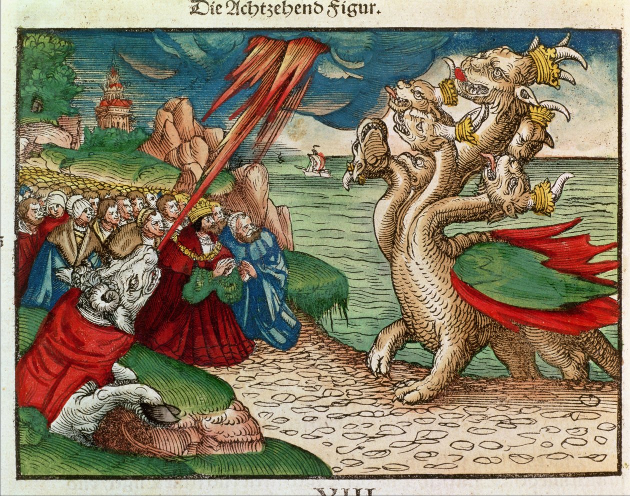 Hétfejű kígyó a Jelenések könyvéből, a Luther Bibliából, 1530 körül (színes fametszet) alkotó: German School