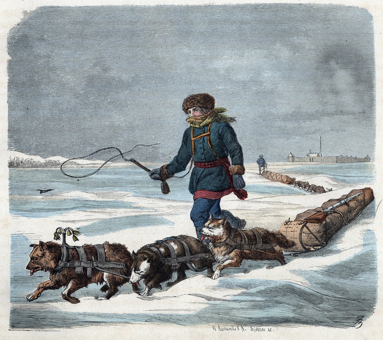 Szánhúzó kutya Amerika havában. A "" Wenn Jemand eine Reise tut, so kann er was erhalten" (Ha valaki utazik, ezt tudja elmondani) című német meséje, Franz Wiedemann alkotó: German School