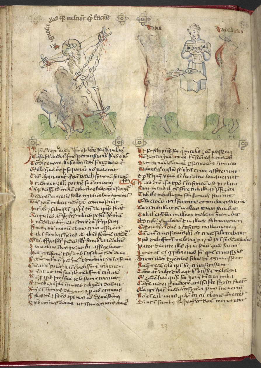 Sloane 361, f.25v A kereszt felemelése; Jubal és Tubal-Cain, a 