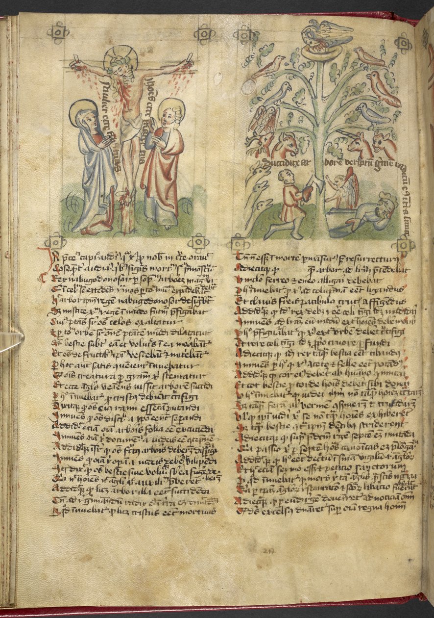 Sloane 361, f.26v Nabukodonozor egy fát lát álmában; a keresztre feszítés, a 