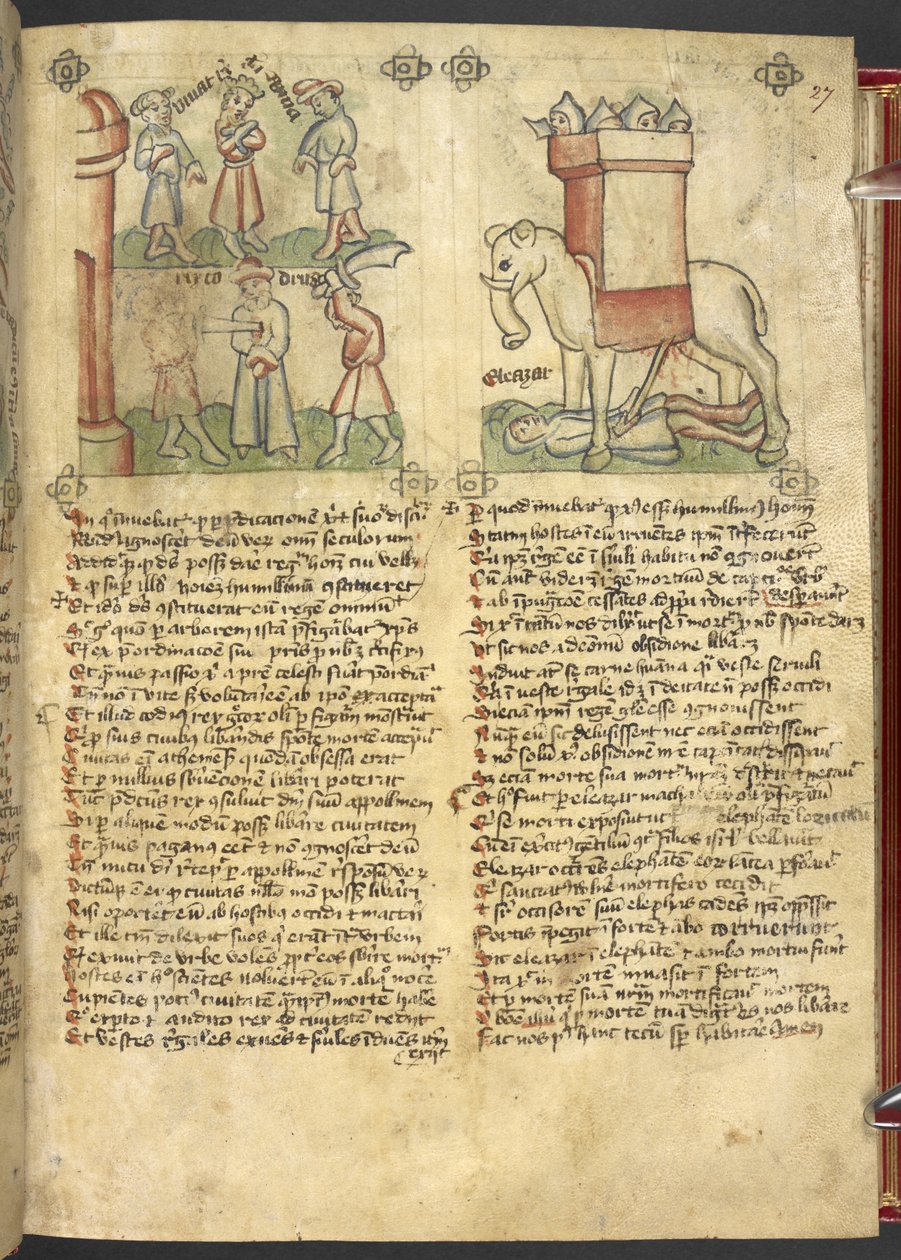 Sloane 361, f.27 Codrus király feladja magát, hogy megöljék népéért, Eleazar Maccabeus pedig leszúrja az elefántot, és összezúzza, a 