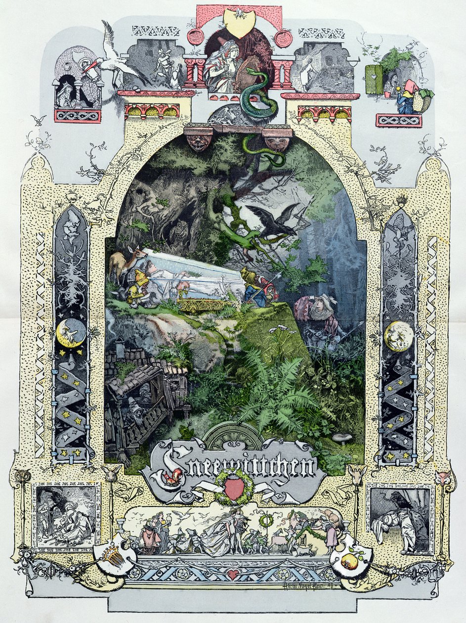 Hófehérke az üvegkávéjában, illusztráció a Munchener Bilderbogenből, 1880 körül alkotó: German School