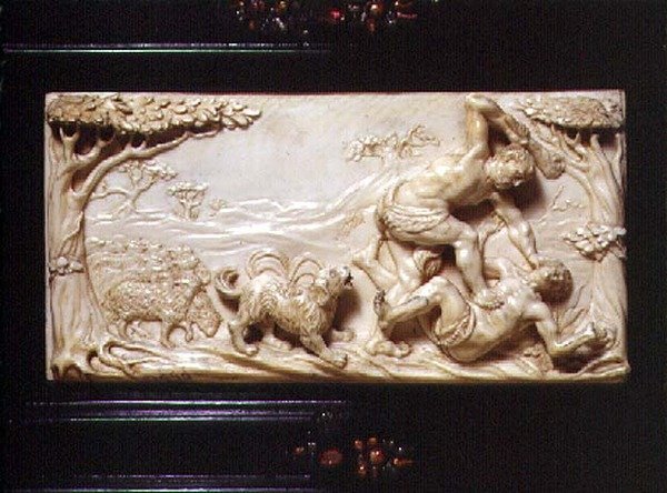 Délnémet Kunstcabinet, Káint és Ábelt ábrázoló faragott tábla részlete, 1690 alkotó: German School