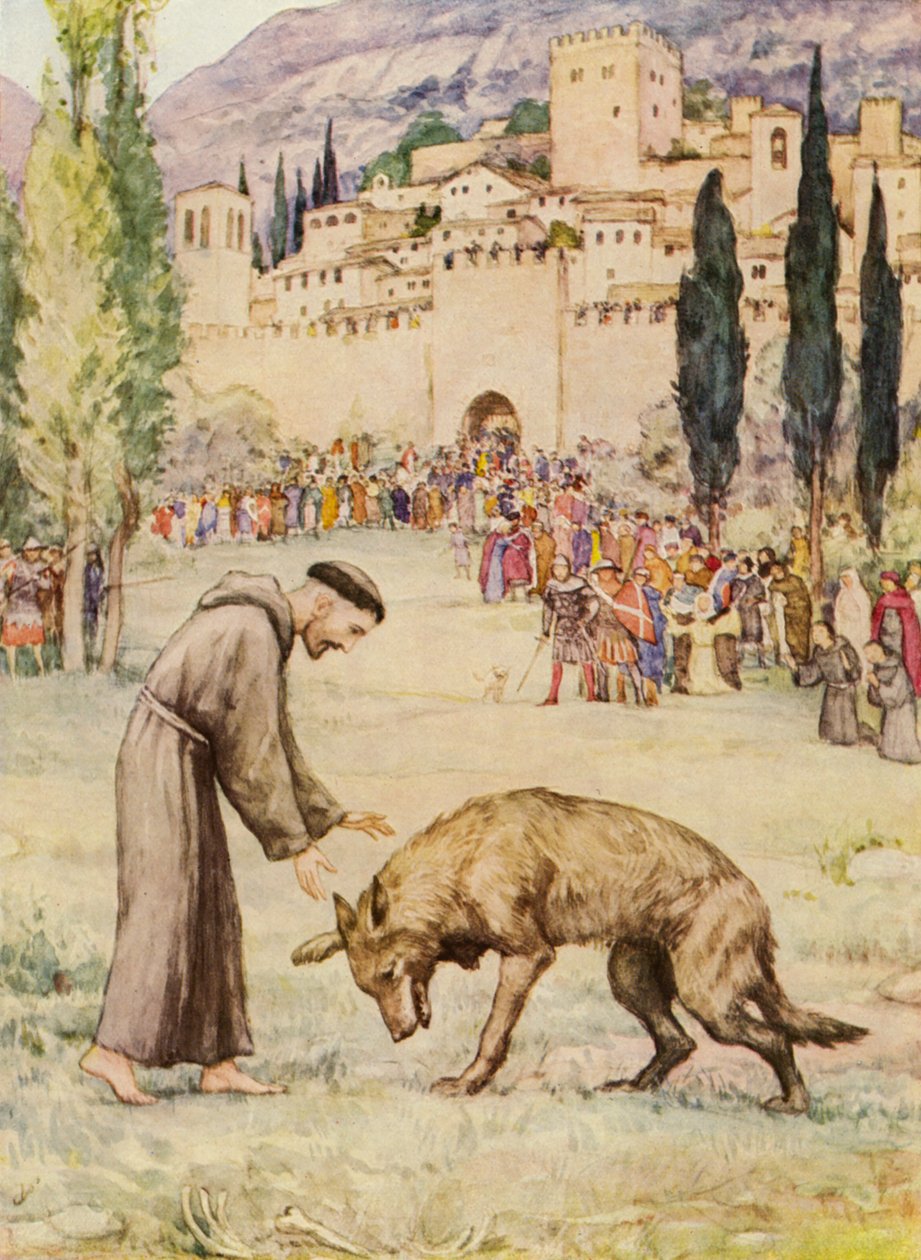 Szent Ferenc és a gubbiói farkas (színes litográfia) alkotó: German School