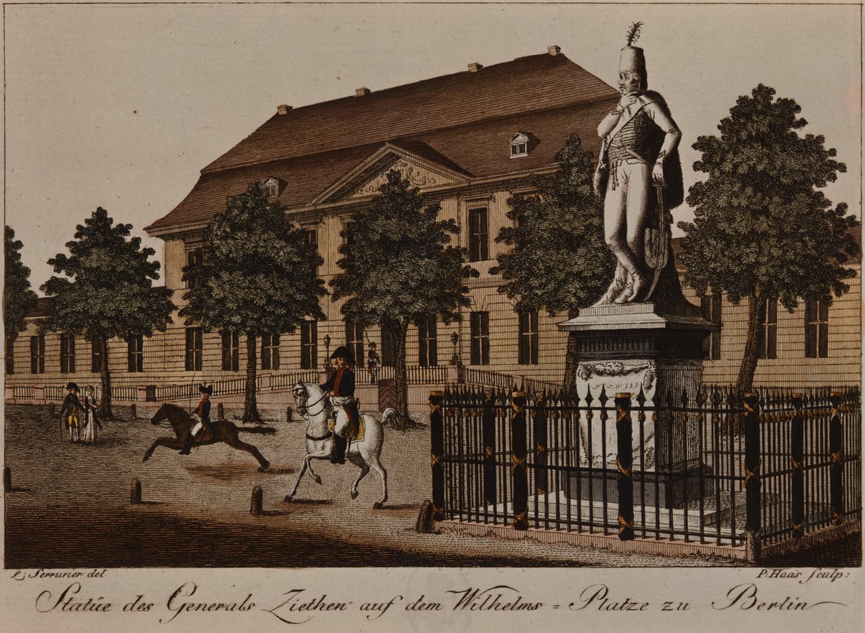 Von Ziethen tábornok szobra a Wilhelm Platzon, Berlinben (színes rézkarc) alkotó: German School