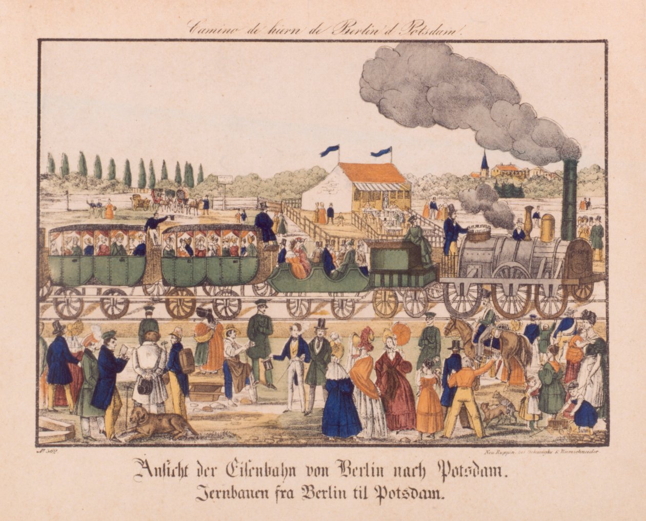 Gőzvasút Berlin és Potsdam között, Neuruppiner Bilderbogen, 1840 körül alkotó: German School