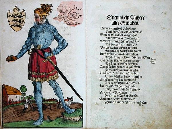 Suevus, a svábok elsője, "A német nemzet első tizenkét régi királyának és fejedelmének eredete" című könyvből. alkotó: German School