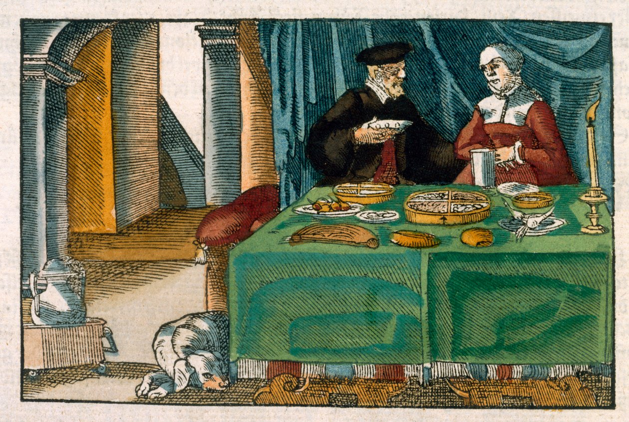 Vacsoraasztal, német kéziratból, 1650 körül (kézzel színezett metszet) alkotó: German School