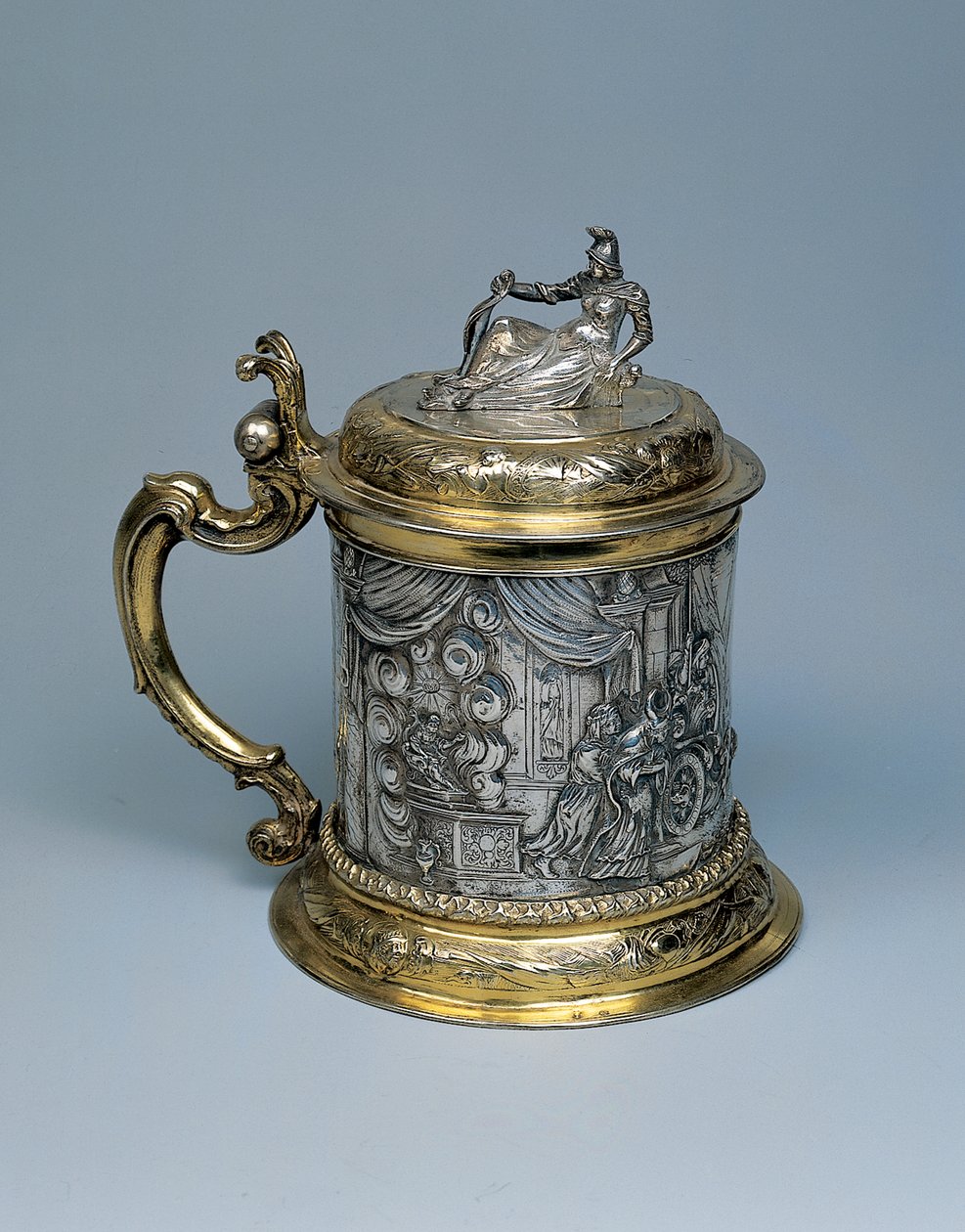 Tankard, az üldözött test egy jelenettel, amely Sándort és a gordiuszi csomó legendáját ábrázolja, Danzig, 1680 körül (aranyozott ezüst csomag) alkotó: German School