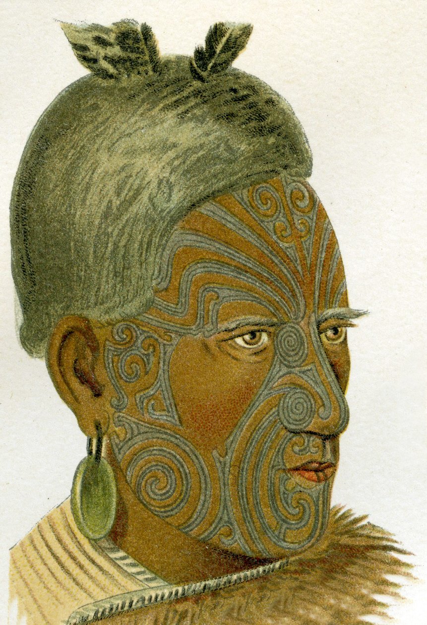 Egy maori főnök tetovált arca, 1894 alkotó: German School