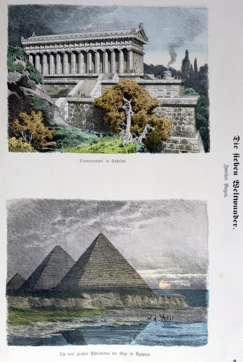 Diana temploma Ephesusban és a gízai piramisok, a világ hét csodája című sorozatból, amelyet Munchener Bilderbogenben adtak ki, 1886 (színes metszet) alkotó: German School