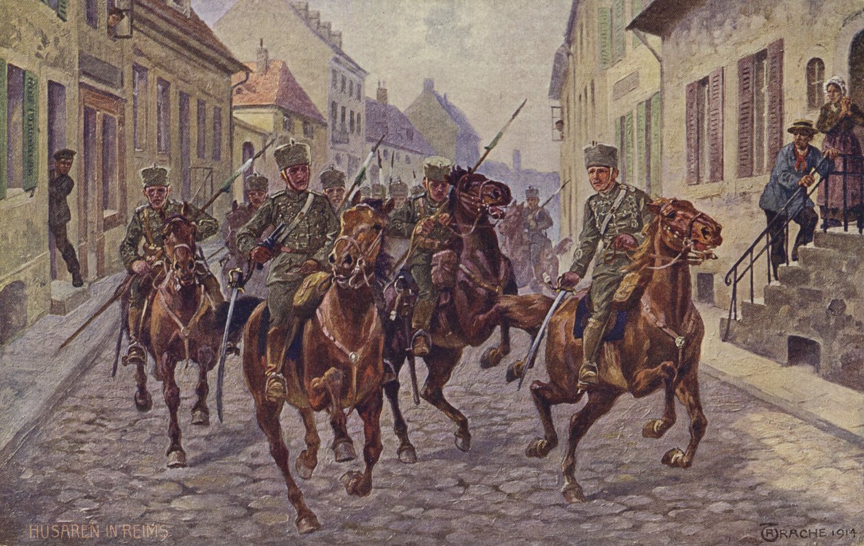 Reims városának ideiglenes elfoglalása német huszárok által, I. világháború, 1914. szeptember 9. (színes lithó) alkotó: German School