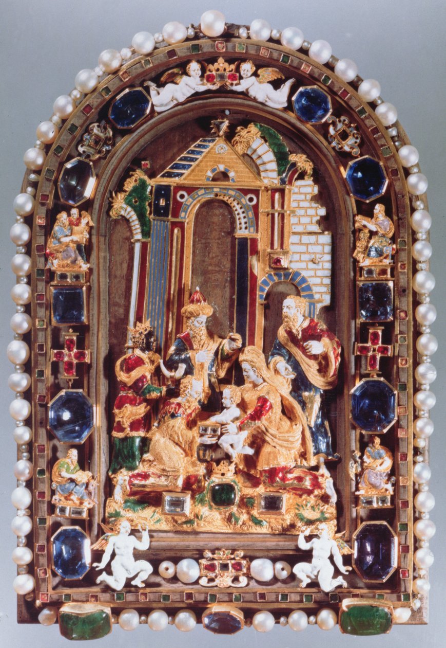 A Királyimádás, a négy evangélista miniatűr figuráival keretezett domborműtábla és zafírral váltakozó putti Münchenből (zománc, aranyozott, féldrágakövek, gyöngyök) alkotó: German School