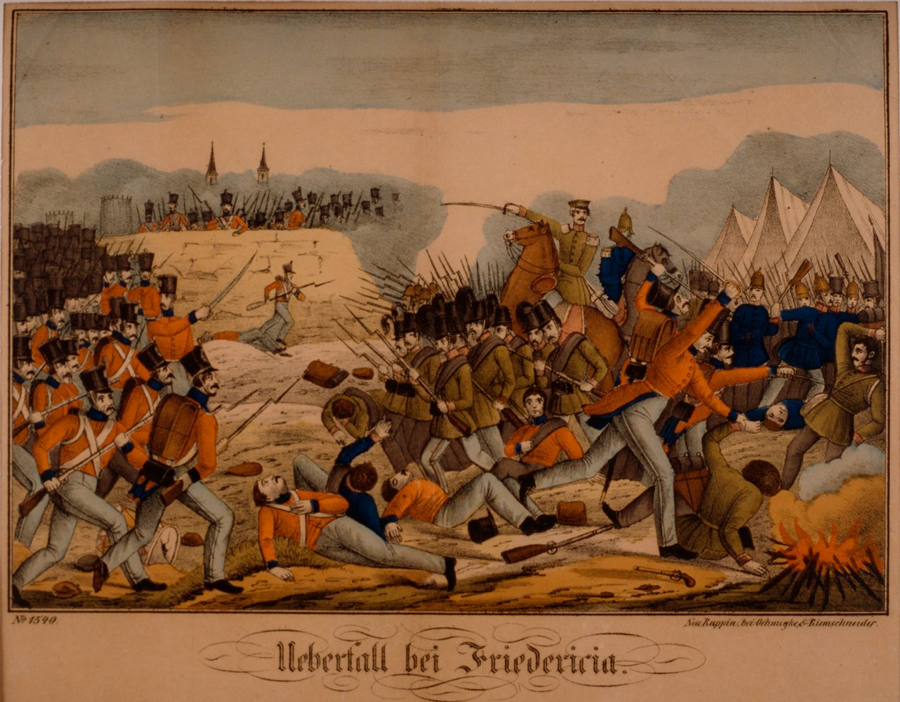 Fredericiai csata az első schleswigi háború alatt, 1849. július 6., Neuruppiner Bilderbogen, kiadó: Oehmigke & Riemschneider, 1850 körül alkotó: German School