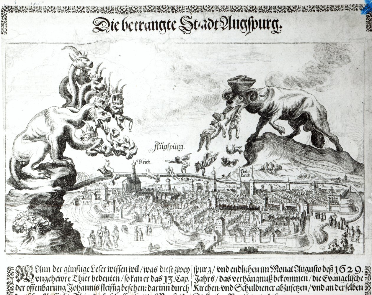 Augsburg városa 1629-ben kénytelen volt elfogadni a katolikus uralmat (metszet) (bw fotó) alkotó: German School