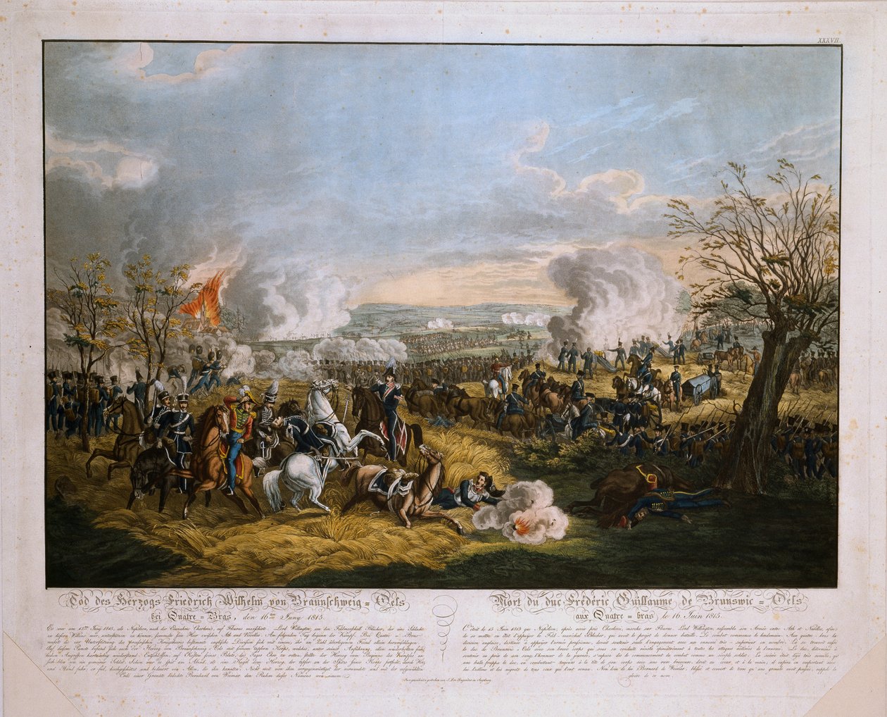 Frigyes Vilmos brunswicki herceg (1771-1815) halála – a Quatre Bras-i csatában, 1815. június 16., kiadó: J. L. Rugendas, 1815 (színes akvatinta) alkotó: German School