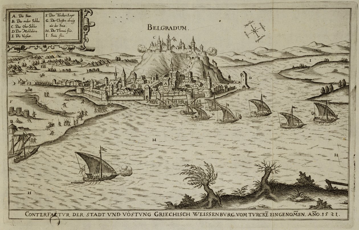 Belgrád eleste a törököknek 1521-ben, illusztráció az európai oszmán hadjáratokról szóló könyvből, Paul Furst (1605-66 körül) metszetében alkotó: German School
