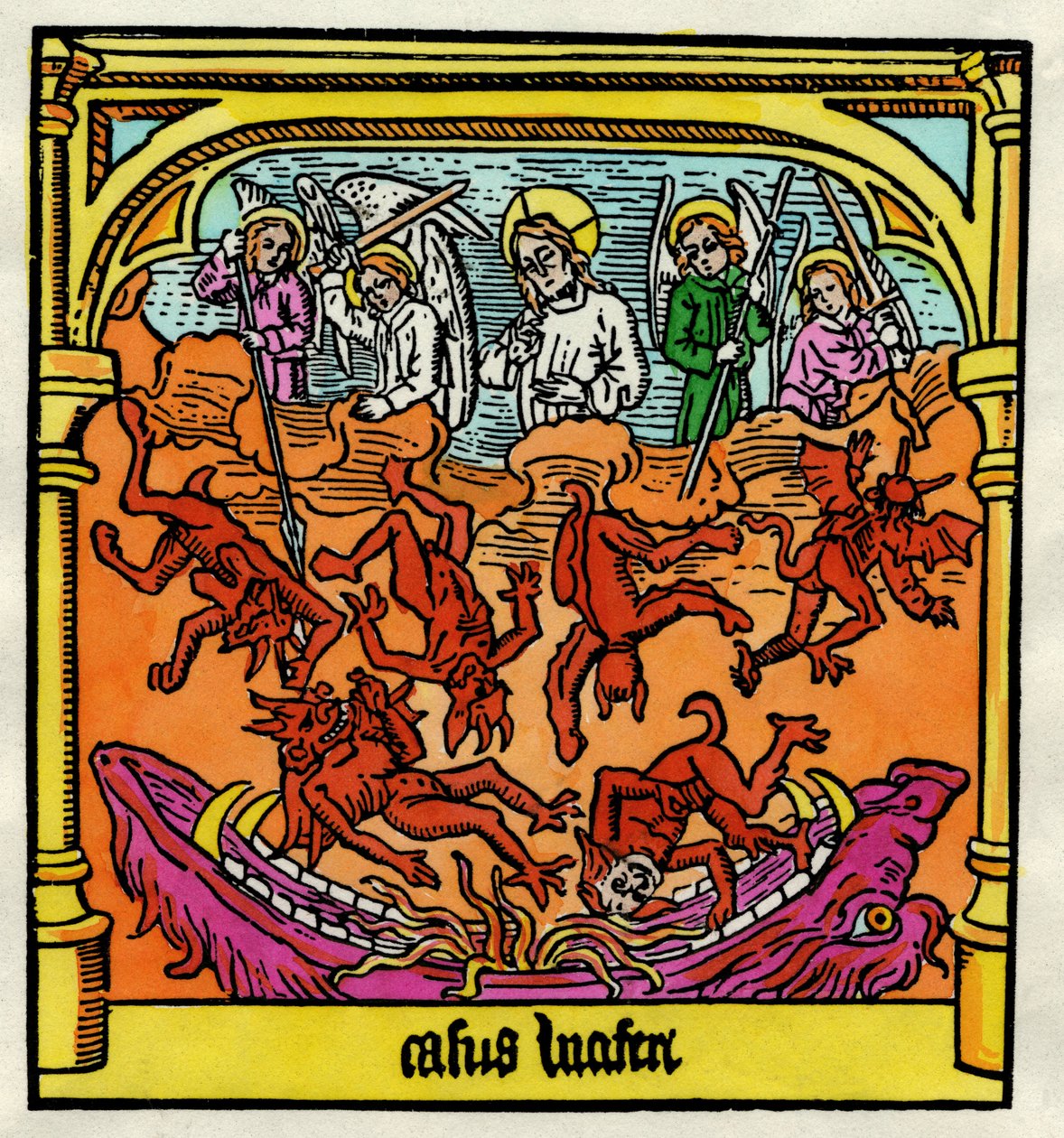 Lucifer bukása és a lázadó angyalok, illusztráció a „Biblia Pauperum” másolatából alkotó: German School
