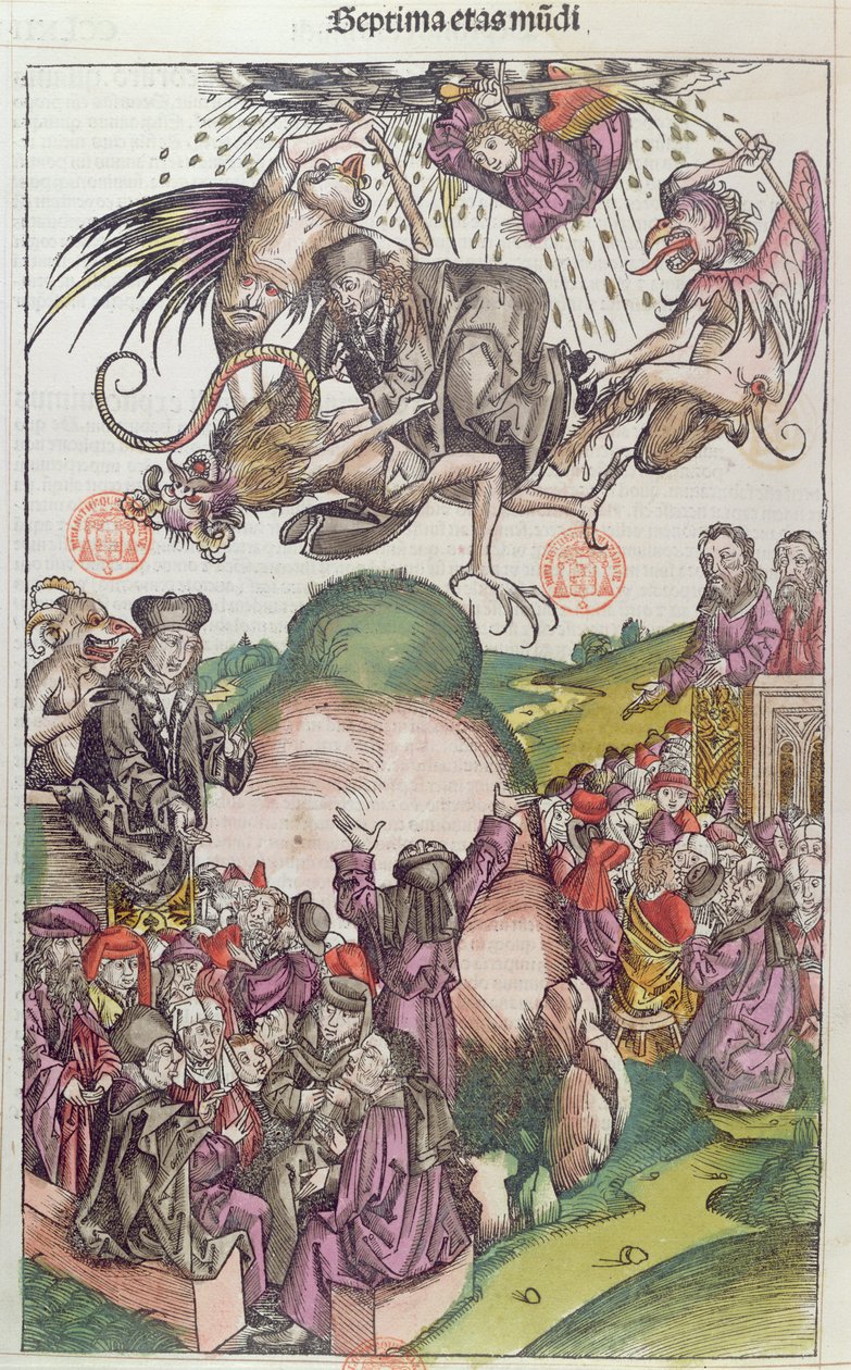 Simon Mágus bukása, a La Chronique de Nurembergből, Hartmann Schedel, Nürnberg, 1492 (színes fametszet) alkotó: German School