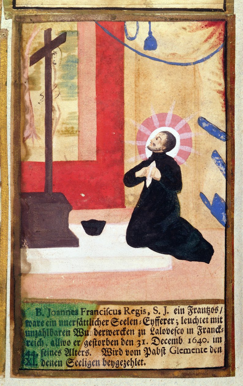 Jean Francois Regis francia jezsuita atya (1597-1640) egy feszület előtt térdel, A jezsuiták martirológiájából, 1688 alkotó: German School
