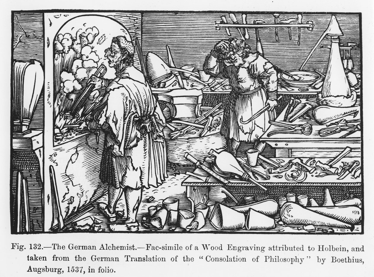 A német alkimista, Boethius vigasztalása a filozófiáról, illusztráció a Tudomány és irodalom középkorban és reneszánszban című könyvéből, Paul Lacroix írta és vésette, 1878 (sz. alkotó: German School