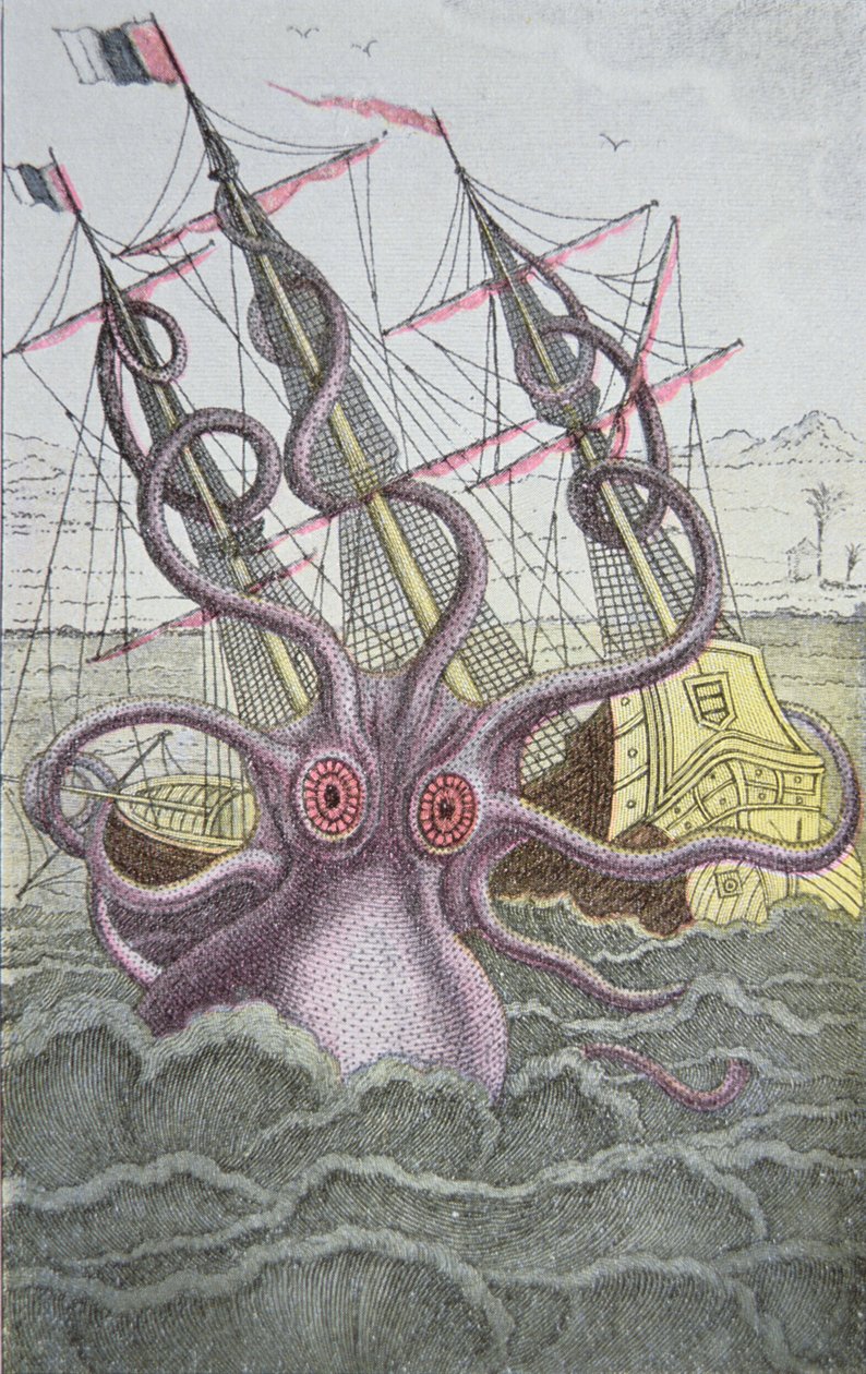 A Kraken leránt egy hajót (színes metszet) alkotó: German School
