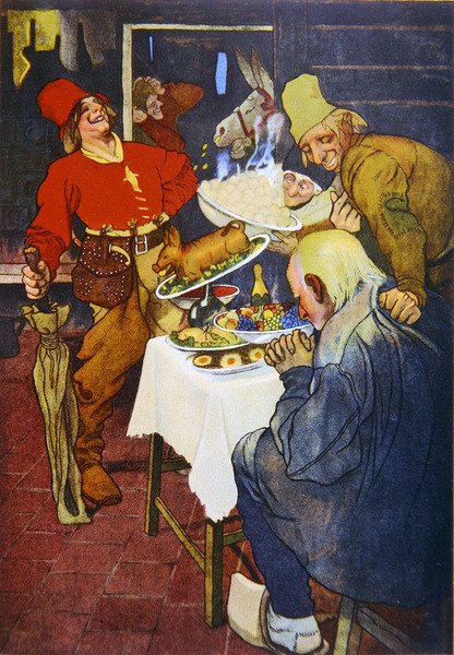A varázsasztal és az aranyszamár, a Grimm testvérek meséjének illusztrációja. alkotó: German School