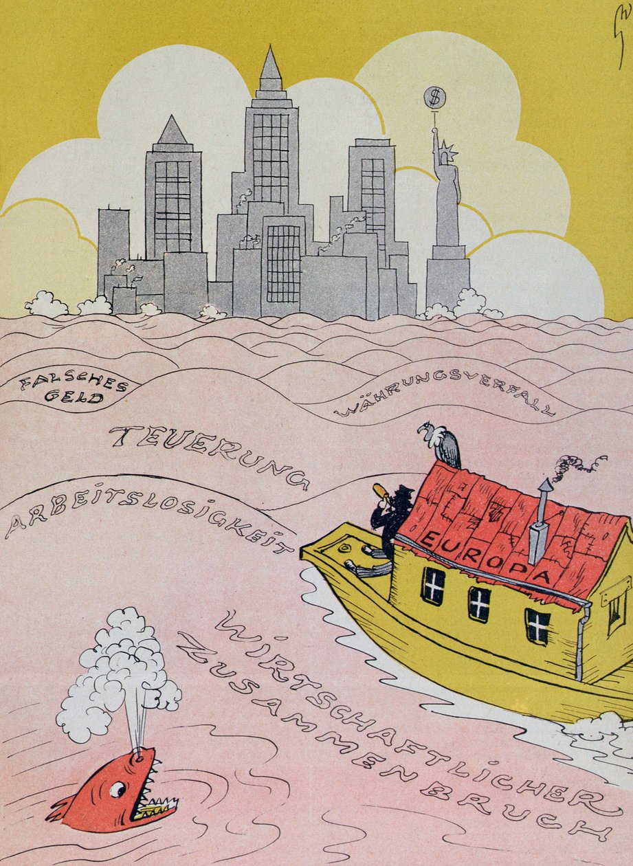 Az új özönvíz a régi világban, rajzfilm az 1920-as évek európai gazdasági válságáról, a Kladderadatsch magazintól, Berlin, 1926 alkotó: German School