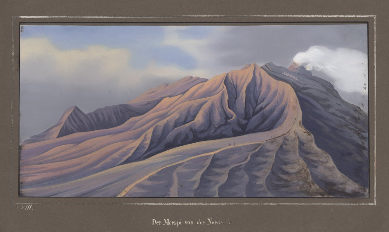 A Merapi északi oldala 4686 láb magasságból nézve, 1836. november, VII. pl. az Utazás Jáván keresztüli topográfiai és tudományos atlaszából, Dr. Fr. Junghuhn, Magdeburg, 1845 (színes megvilág alkotó: German School